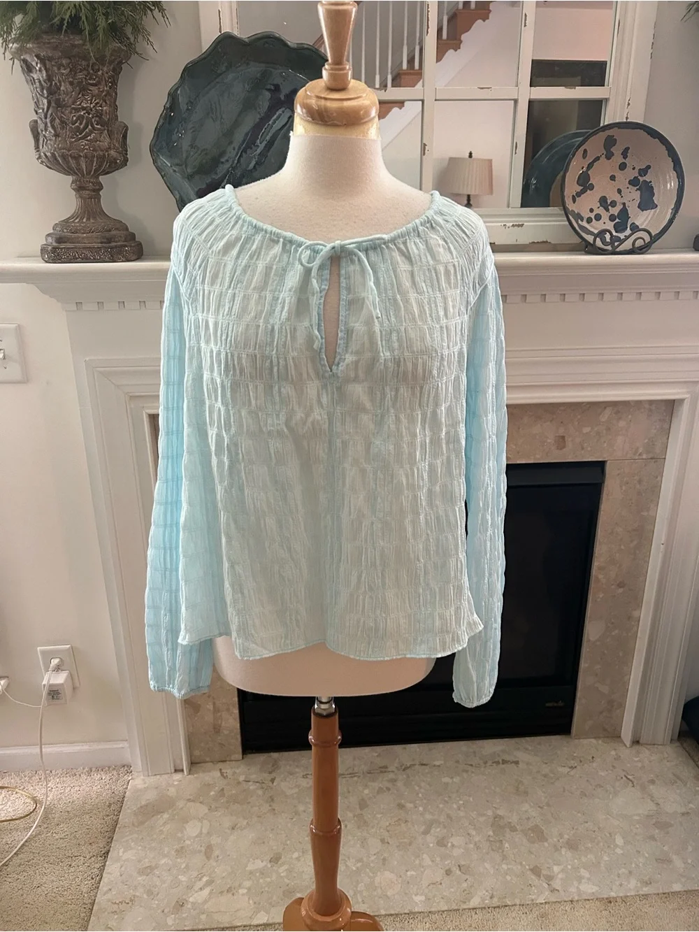 J. Crew Light Aqua Tie-Front Seersucker Popover